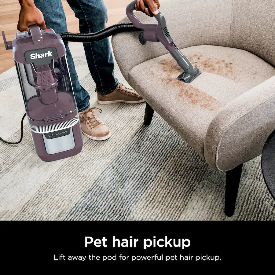 Vacuum being used to clean pet hair from a hardwood floor transitioning to carpet